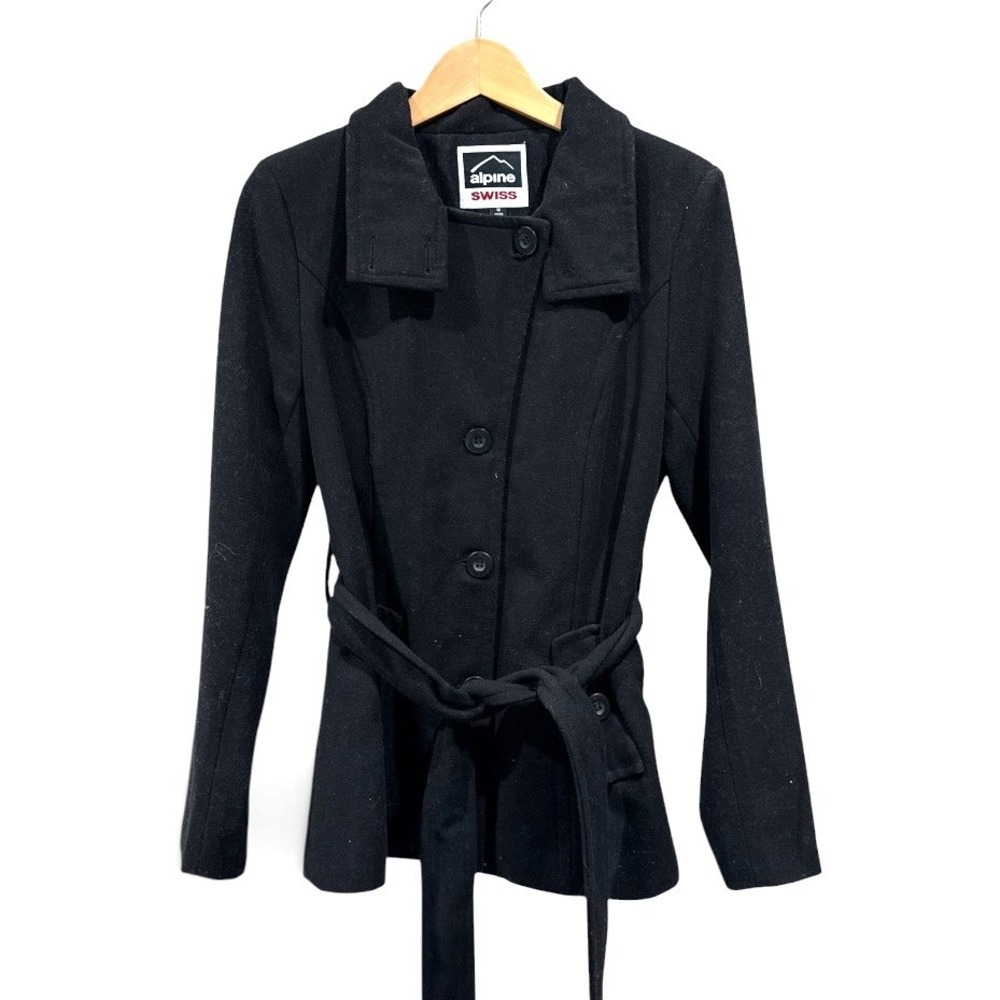 Alpine Swiss Womens Black Wool Blend Pea Coat Medium Belted Double Breasted